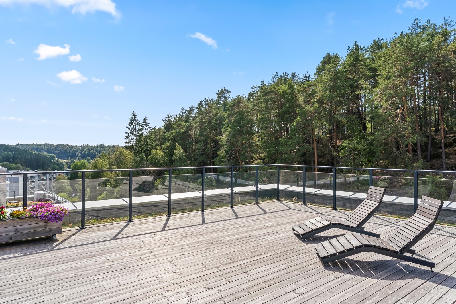 Takterrassen har grønt utsyn som strekker seg vidt over bebyggelsen, skogen og marka. Flotte solforhold på takterrassen. Galleribilde