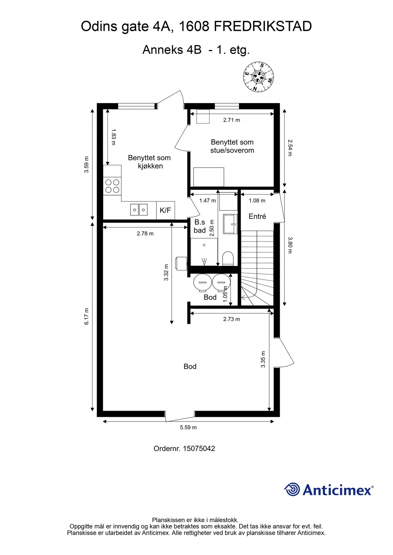 Opprinnelige boder i garasjebygget er innredet som hybel. Ikke målholdig. Detaljer kan avvike. Ikke byggemeldt. Galleribilde