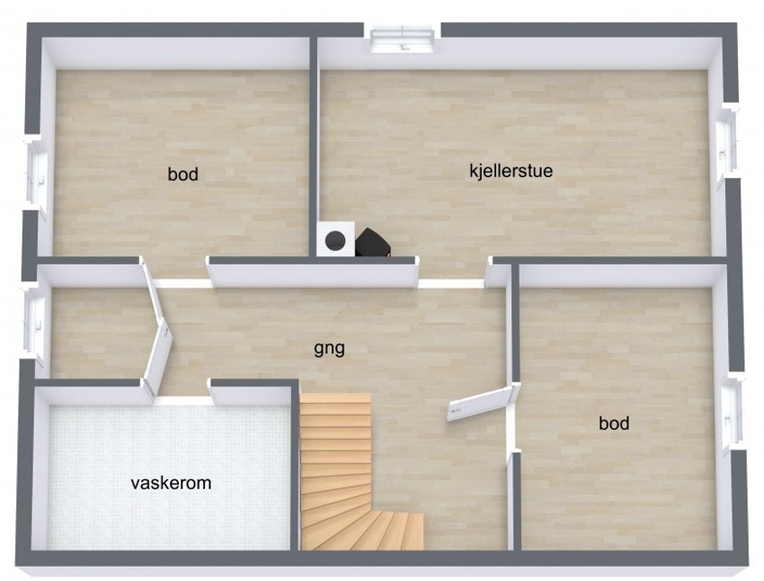 Kjelleren byr på: trapperom, vaskerom, stue og 2 boder. Galleribilde