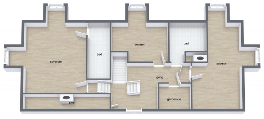 2.etg. byr på trapperom, 2 bad, 3 soverom og gang. Galleribilde