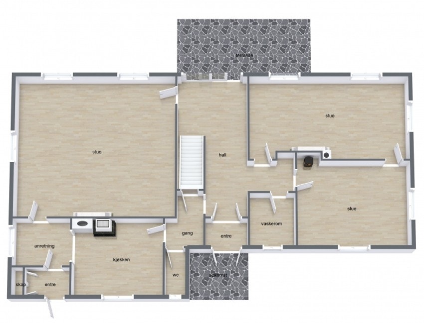 1.etg. byr på: vindfang, hall m/trapp, vaskerom, toalettrom, stue, tv-stue, kjøkken, spisestue og bod. Galleribilde