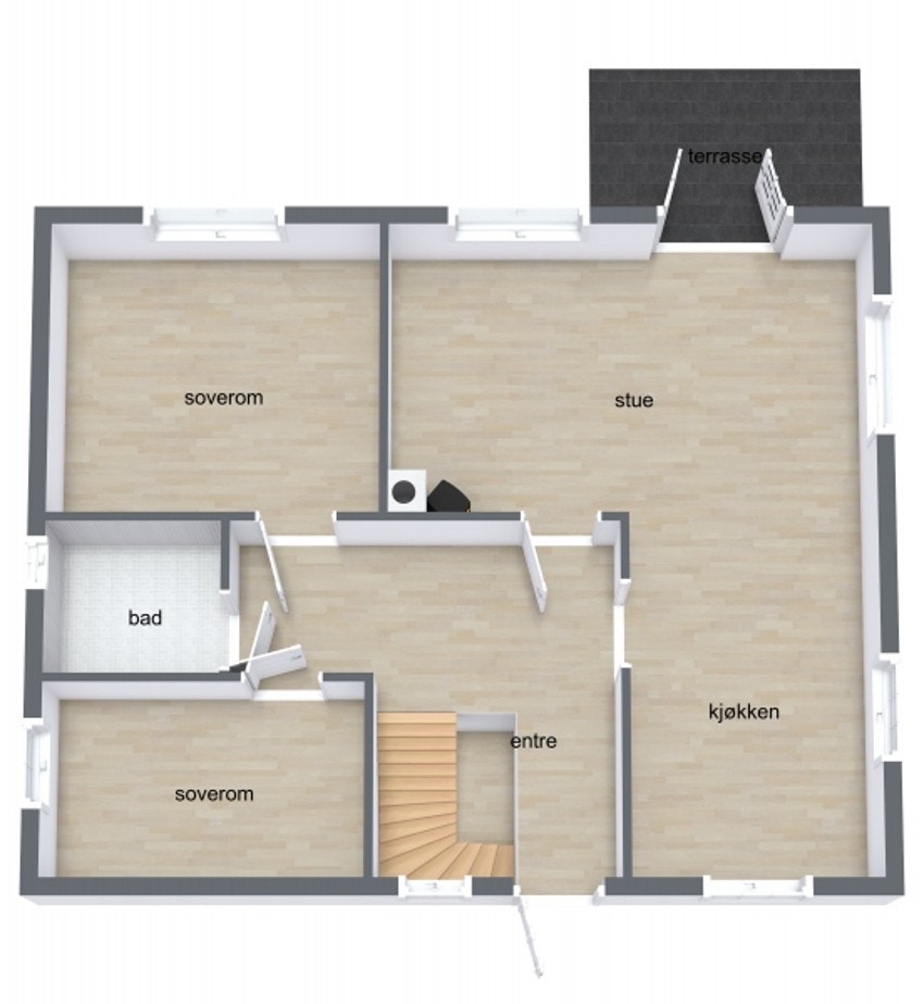 1.etasje byr på: hall m/trapp, bad, stue/kjøkken og 2 soverom. Galleribilde