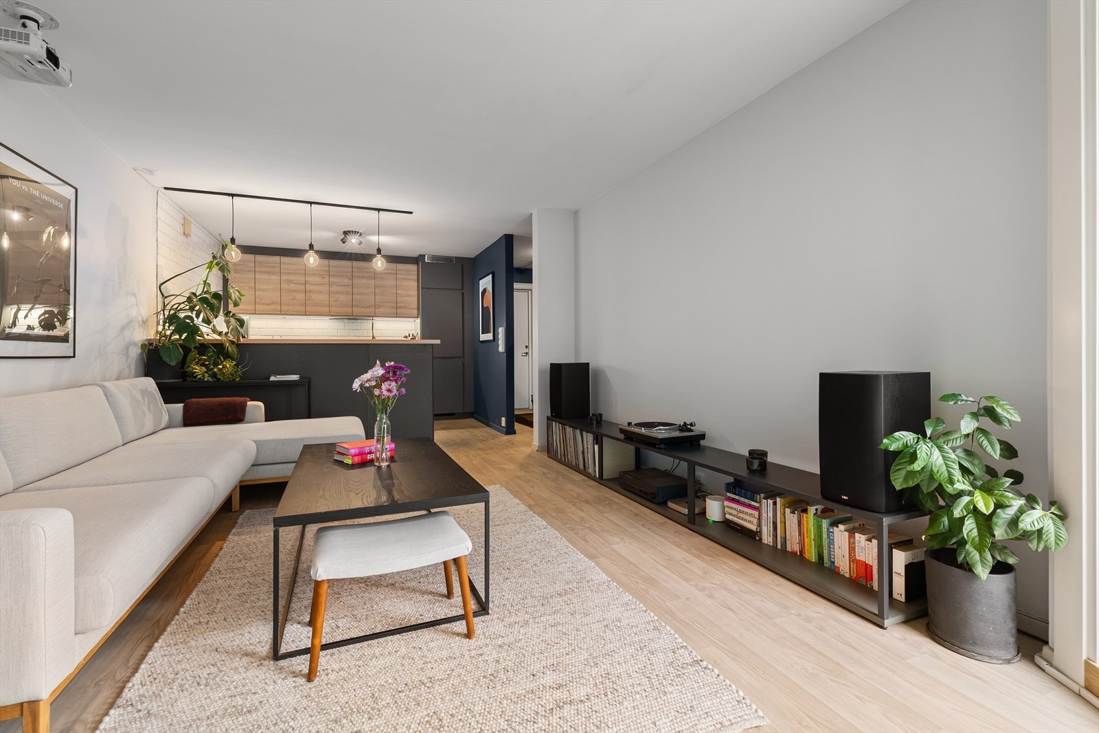 Leiligheten har en åpen løsning som knytter stue og kjøkken sammen. Galleribilde