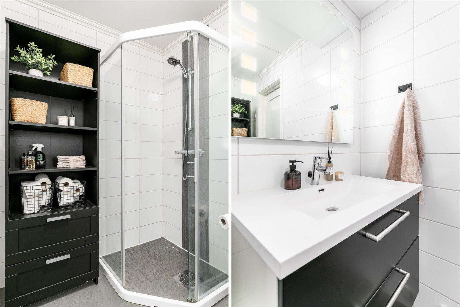 Badets gulv og vegger er alle flislagt. I gulvet er det elektrisk varme. Galleribilde