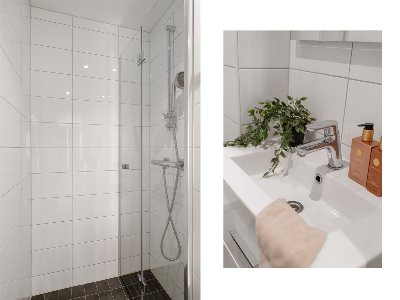 - Badet er innredet med underskap, veggmontert toalett, samt dusjhjørne m/glassfoldedør - Galleribilde