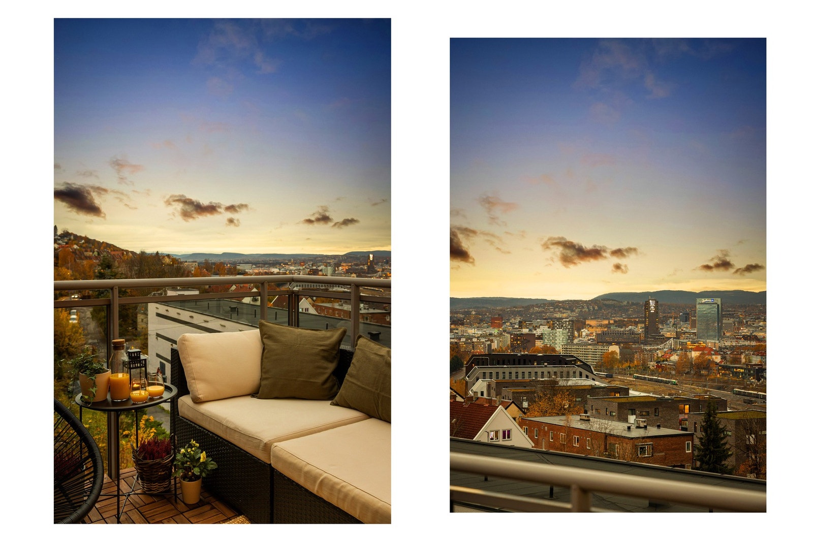 Kveldsstemning fra balkongen som gir deg panoramautsikt over byen. Galleribilde