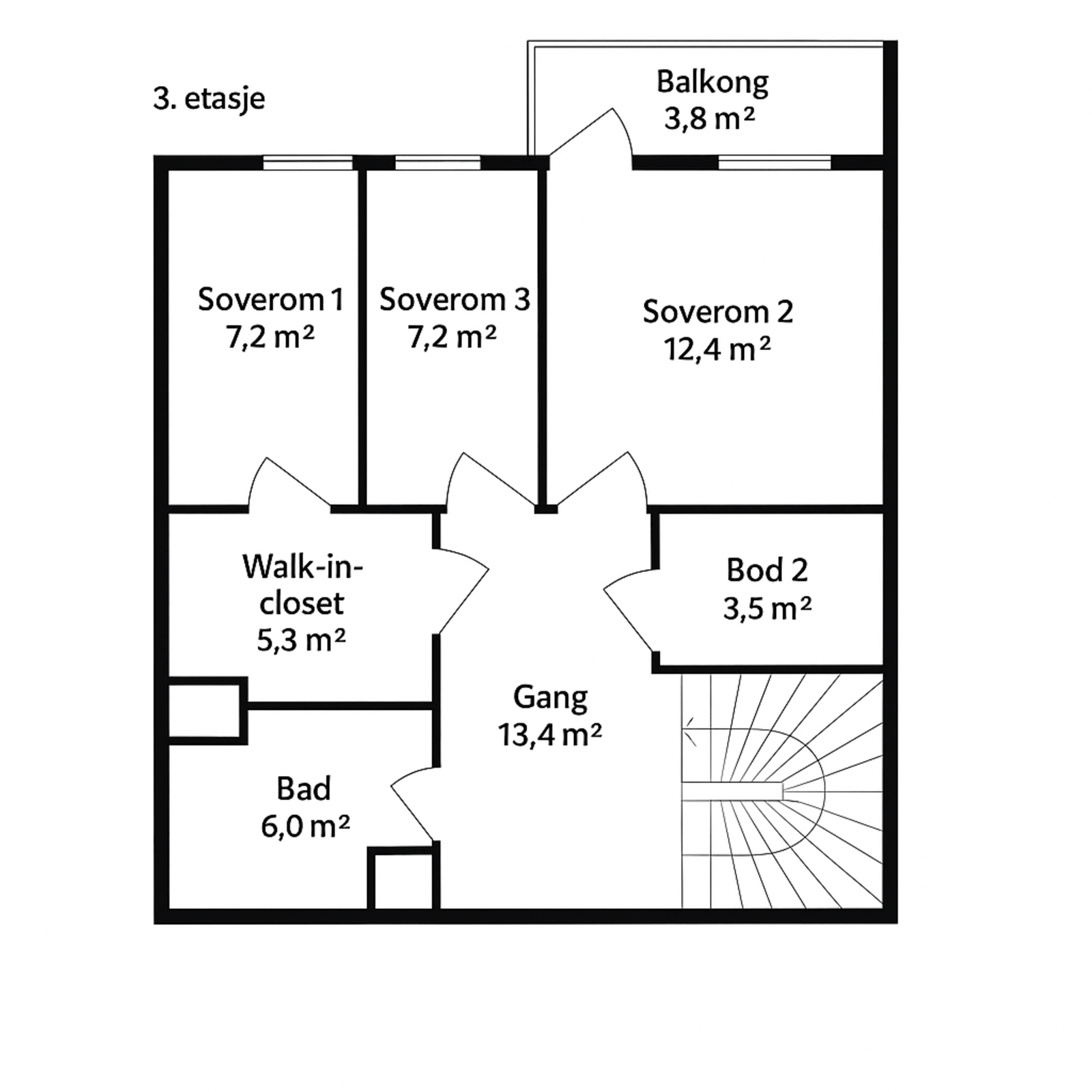 Alternativ planskisse til 3. etasje. Det tas forbehold om at endring fra bod til walk-in-closet kan medføre søknadsplikt til kommunen. Galleribilde