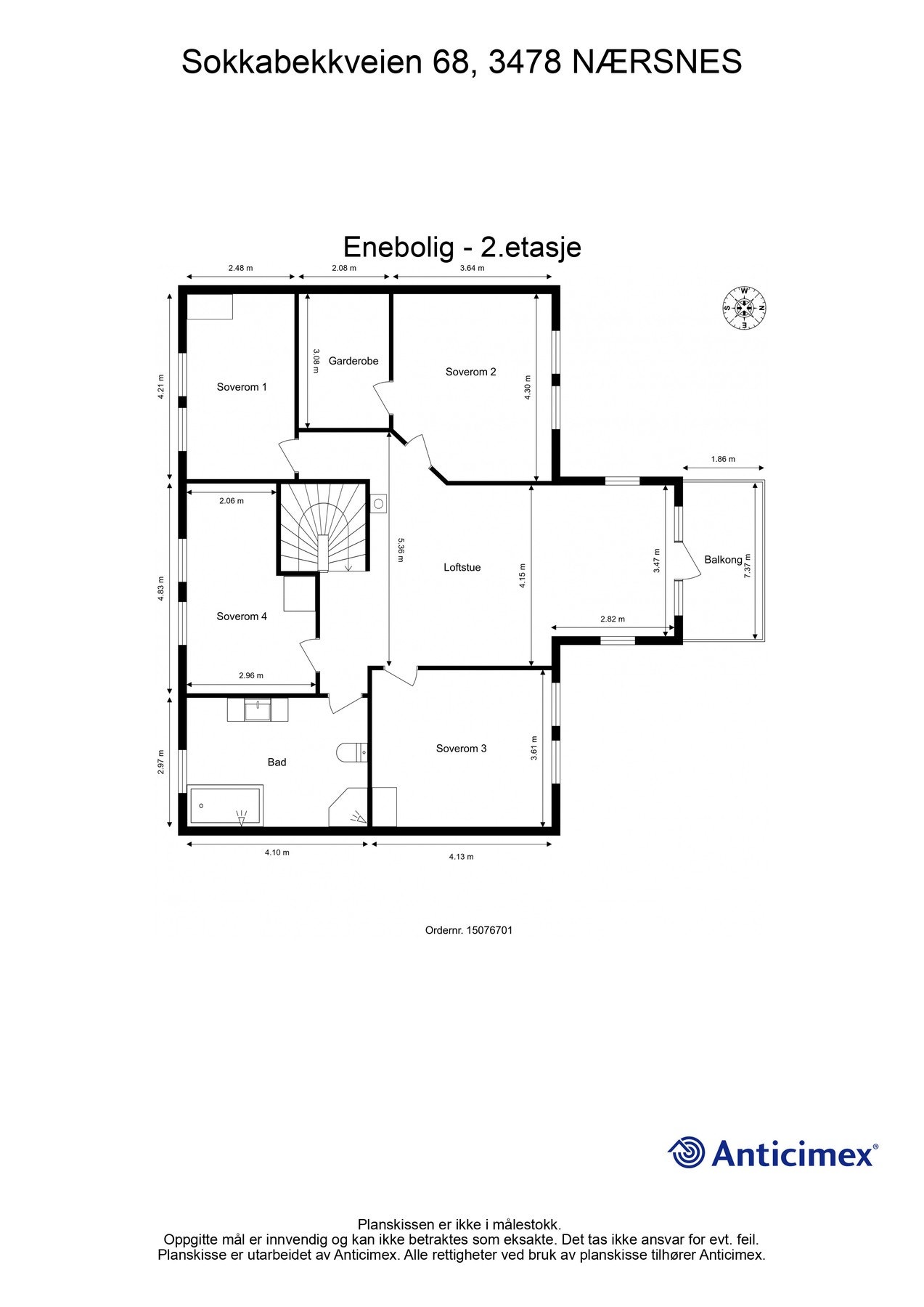 Boligens andre etasje består av hele 4 soverom, garderobe, loftsstue, bad og nordvendt balkong på ca. 7 m2. Galleribilde