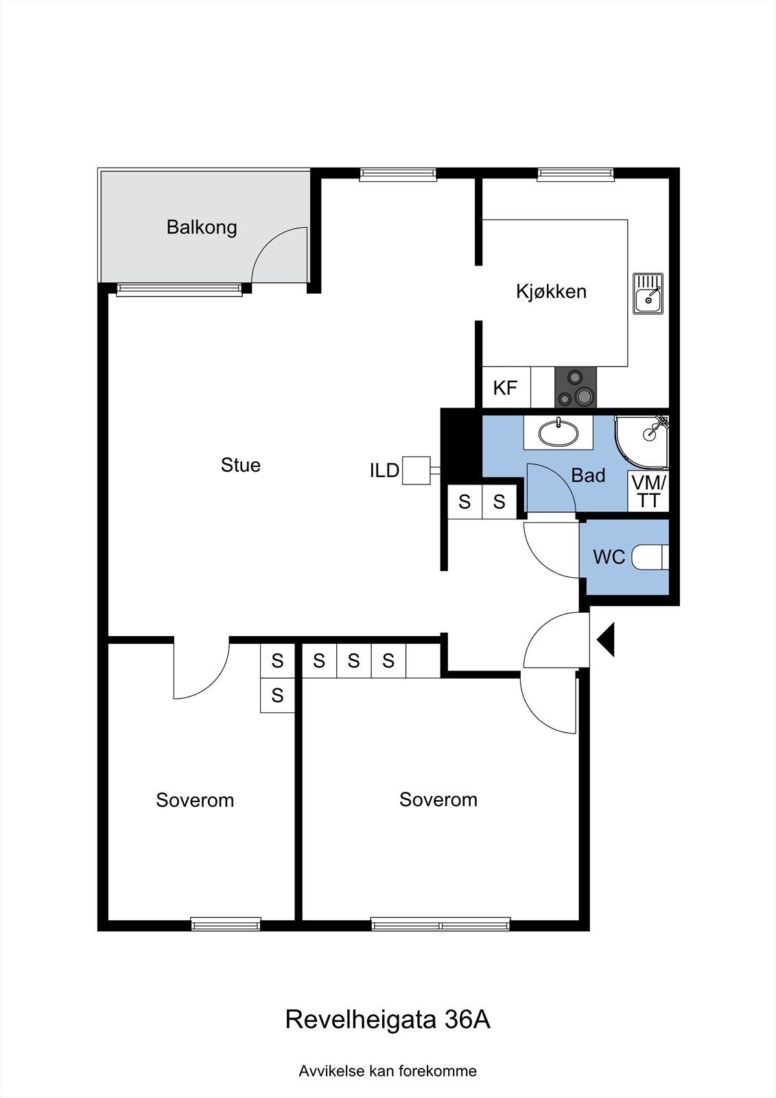 Planskisse av leiligheten. I tillegg disponerer leiligheten totalt 3 boder i felles kjeller. Galleribilde