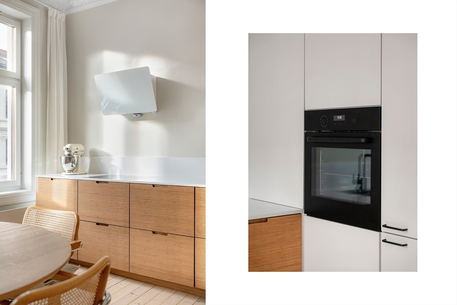 Innredningen består av IKEA-stammer med skuffefronter i heltre bambus fra Ask og Eng, samt høyskap i malt MDF fra Noremax. Galleribilde