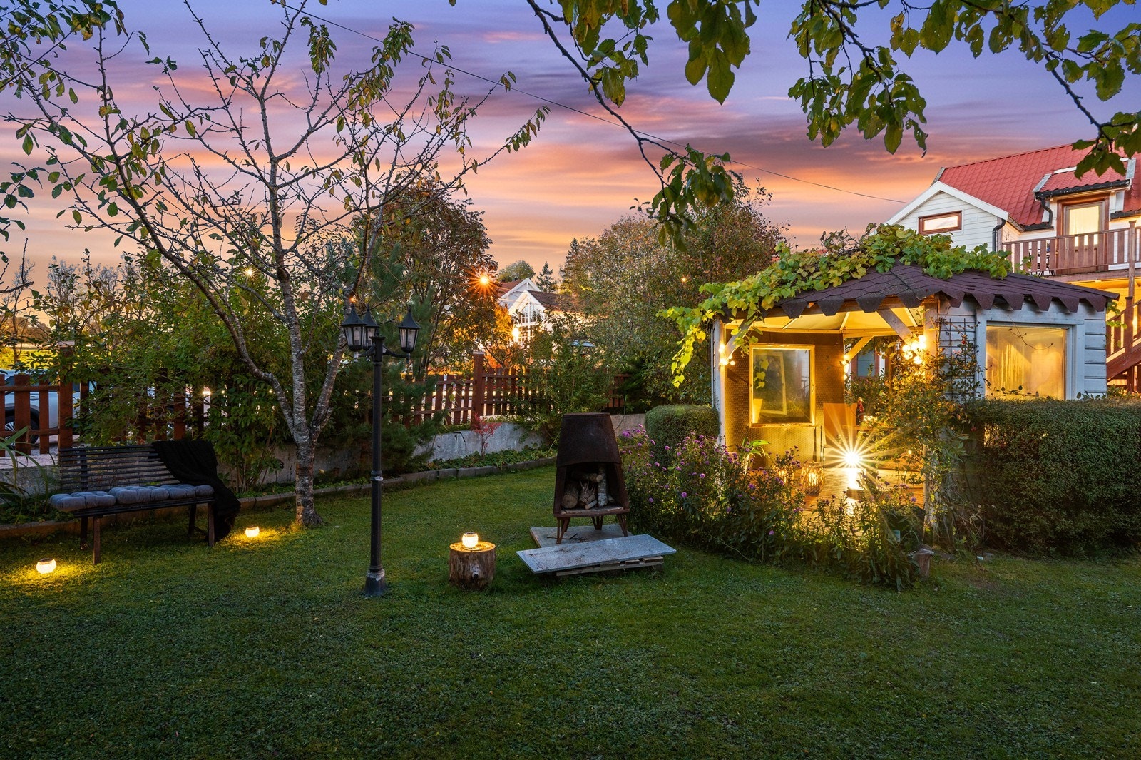 Frukthage med epletrær, kirsebær, moreller, plommer og ripsbukser Galleribilde