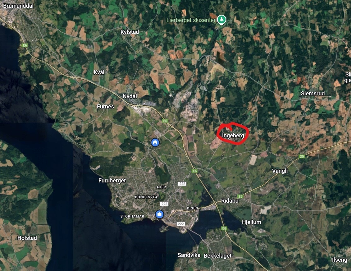 Rød merking viser plassering Ingeberg rett uten for Hamar Galleribilde