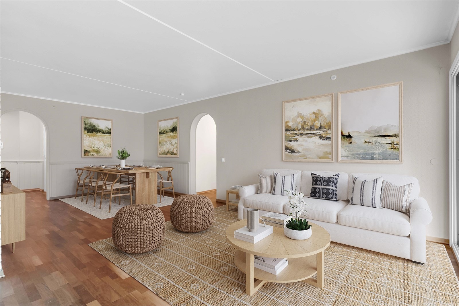 Veggene er malt opp i en dus, tidløs og gråbeige fargetone, og det er gyllen, trestavs parkett på gulvet - Digitalt stylet. Galleribilde