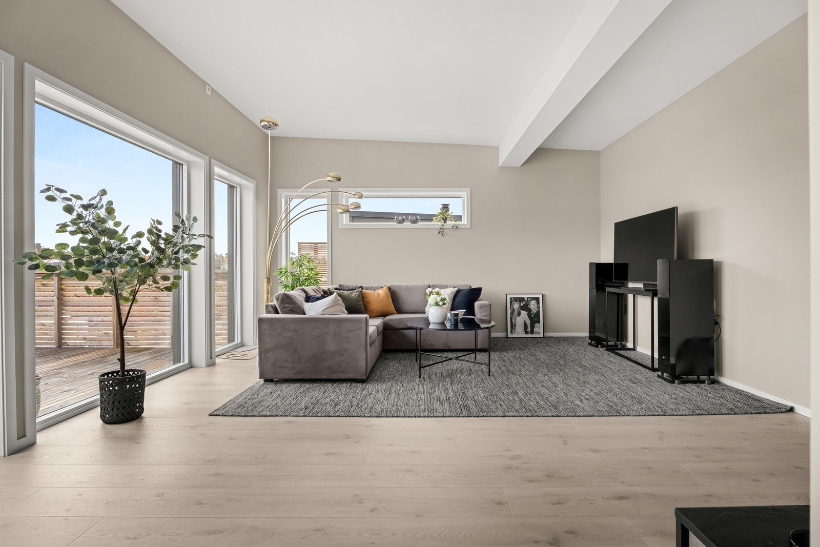 Naturlig midtpunkt i leiligheten med plass til stor sofa. Galleribilde