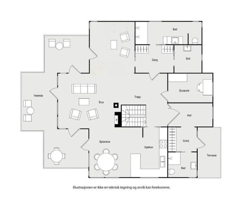 1.etg. byr på: Entré, 2 stuer, gang, bad, vaskerom, kjøkken, soverom og bad. Galleribilde