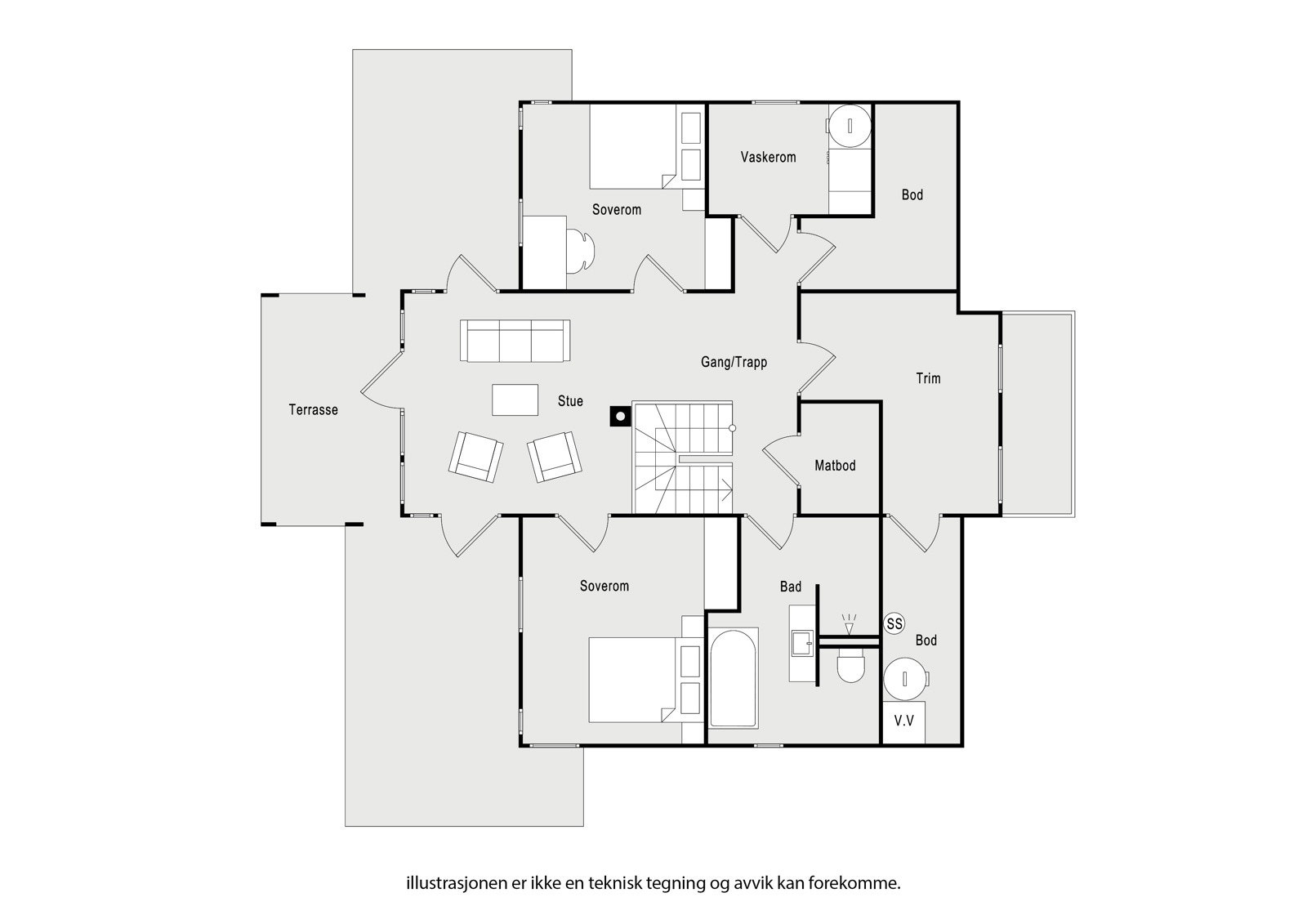 Underetasjen byr på: Stue, 2 soverom, 2 garderober, teknisk rom, bad, vaskerom og bod. Galleribilde