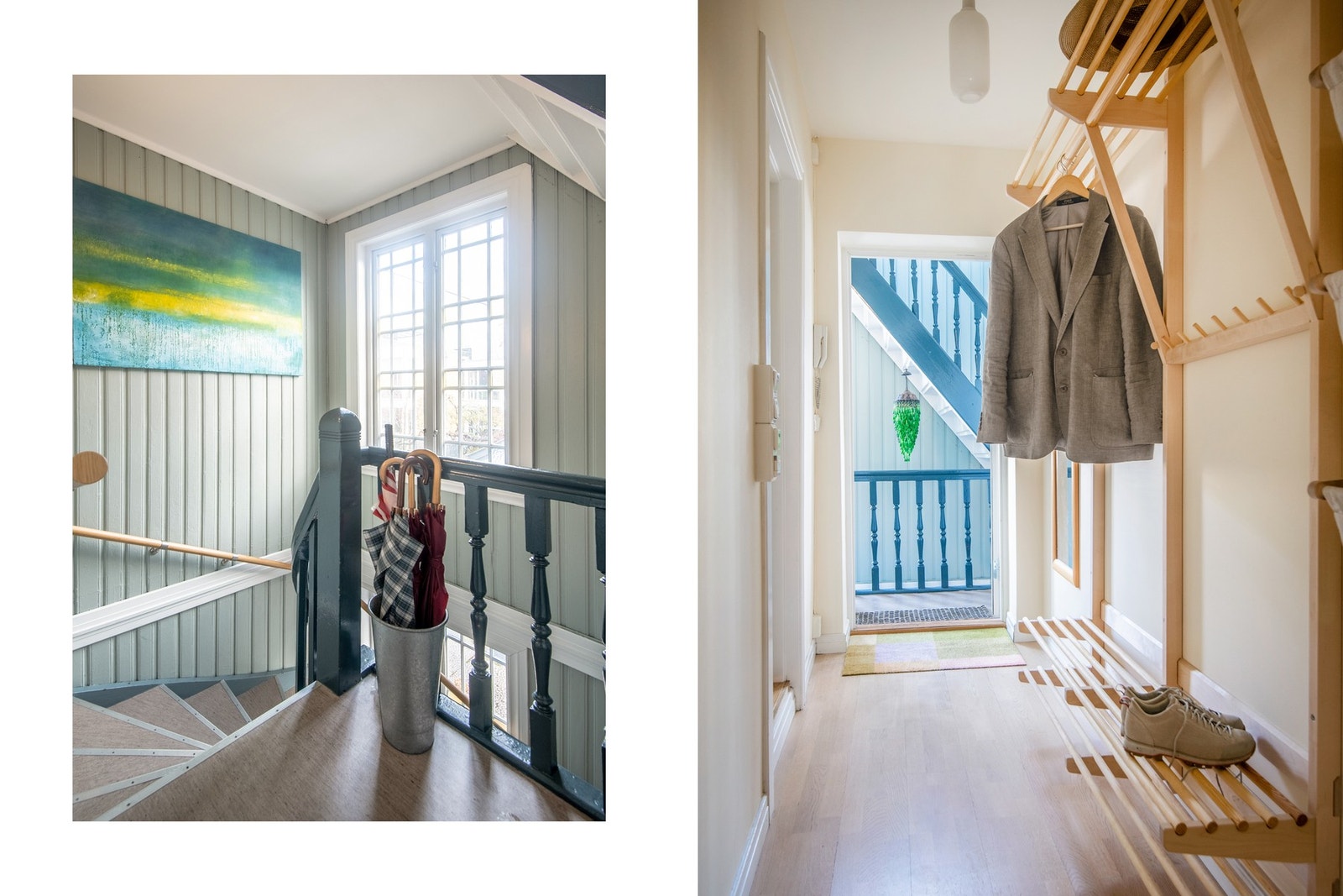 Adkomst skjer via en pen og godt vedlikeholdt felles trapp som fører opp til andre etasje, hvor leiligheten har sitt eget, private inngangsparti. Galleribilde