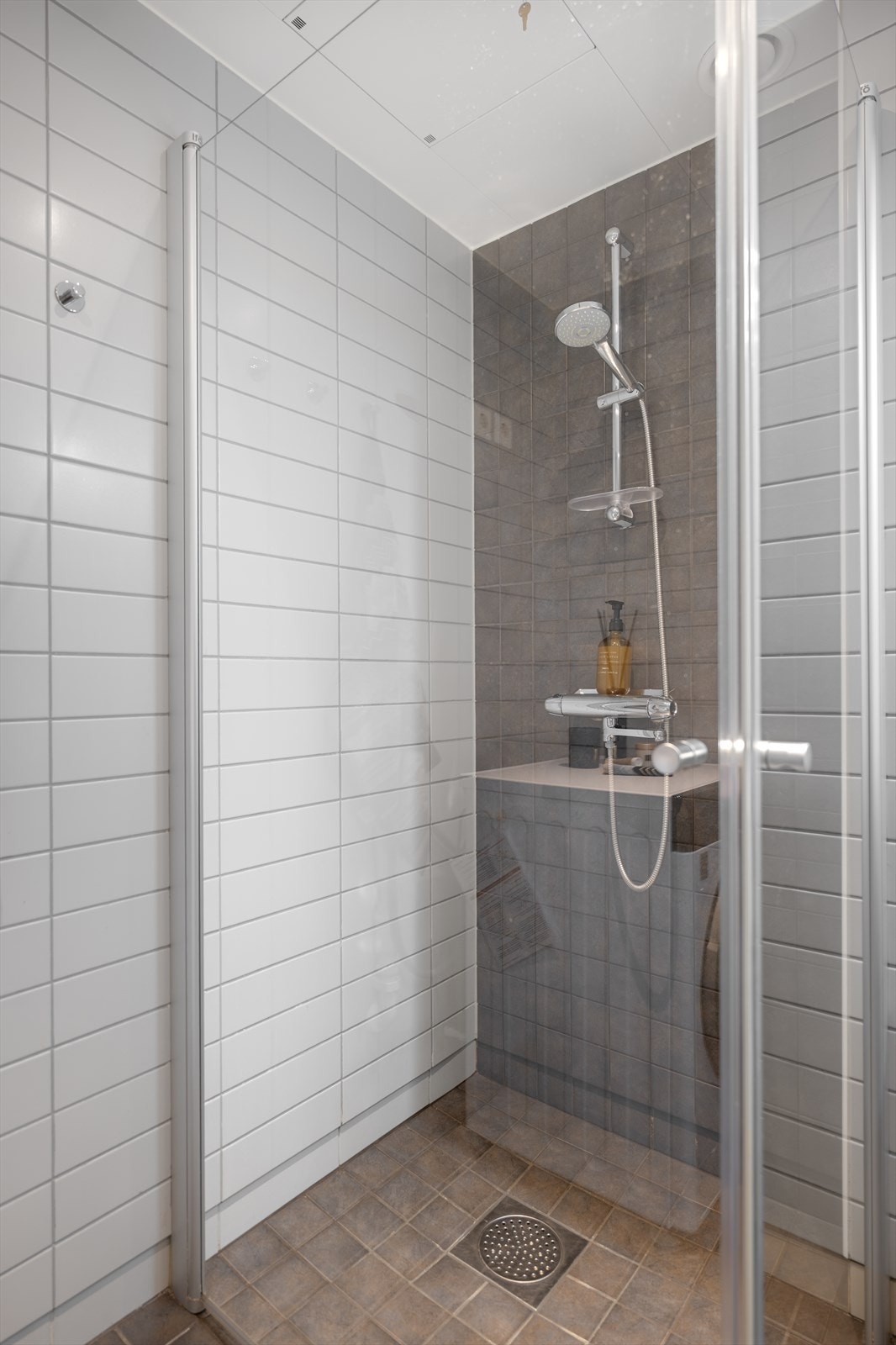 Dusjhjørne med svingbare glassdører. Det er i tillegg opplegg for vaskemaskin. Galleribilde