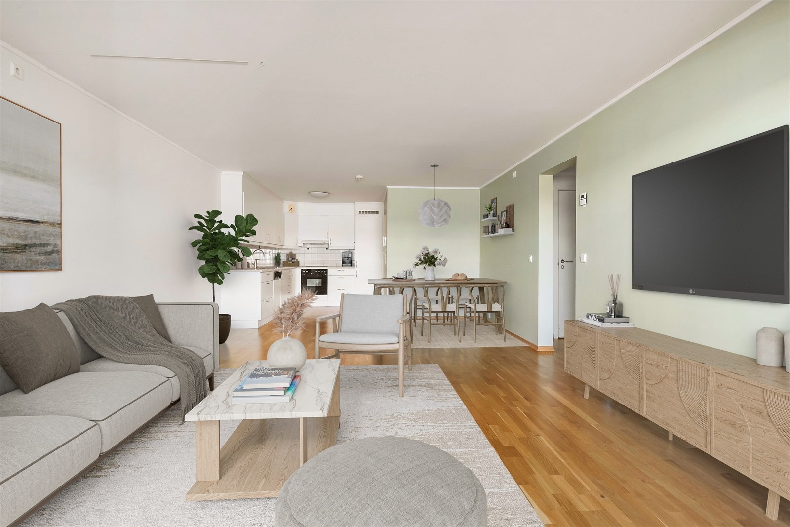 Velkommen til Skjervgata 35 B. Du parkerer i parkeringskjelleren hvor du har en egen parkeringsplass (merket nr. 12). Tar heisen opp til 3. etg. hvor du finner denne flotte leiligheten. Her fra stue/kjøkken (digitalt møblert) Galleribilde