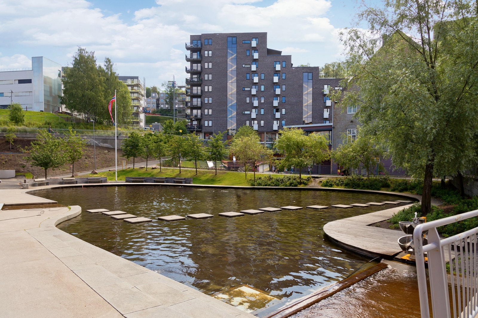 Vannspeilet som renner gjennom Kværnerbyen er svært attraktivt for små og store, og ikke minst også for firbeinte på varme dager. Galleribilde