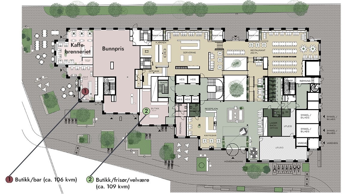 Illustrasjonsplan som viser de to ledige lokalene på 106 kvm BTA og 109 kvm BTA i Veksthuset Galleribilde