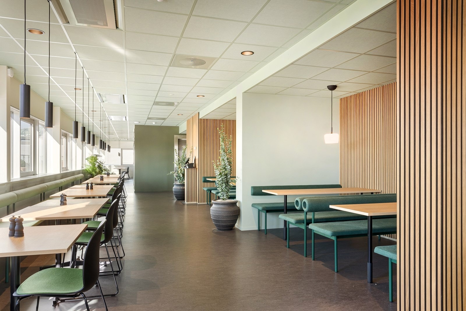 Personalrestaurant med uformelle møteplasser, takterrasse og konferanserom i tilknytning til etasjen Galleribilde