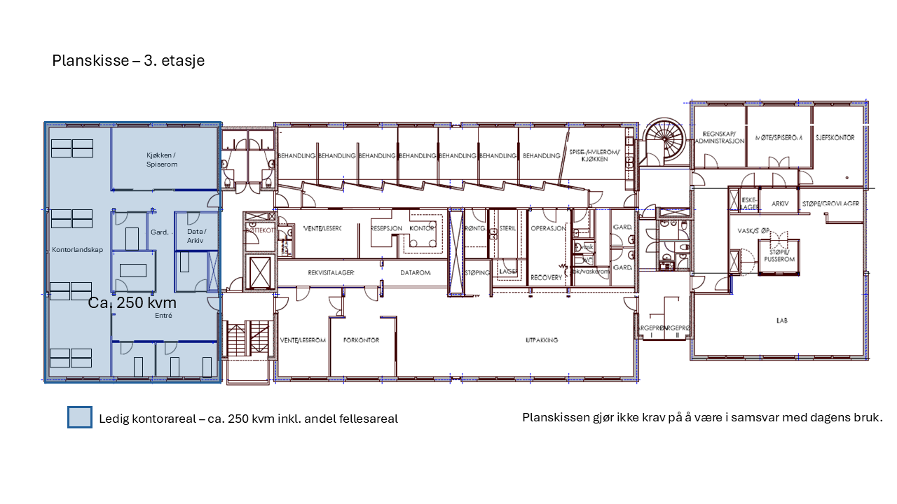 Planskisse av ledige kontorlokaler i 3. etasje på ca. 250 kvm BTA.
Moderne kontorlokaler med kontorarbeidsplasser i landskap og i celle. Galleribilde