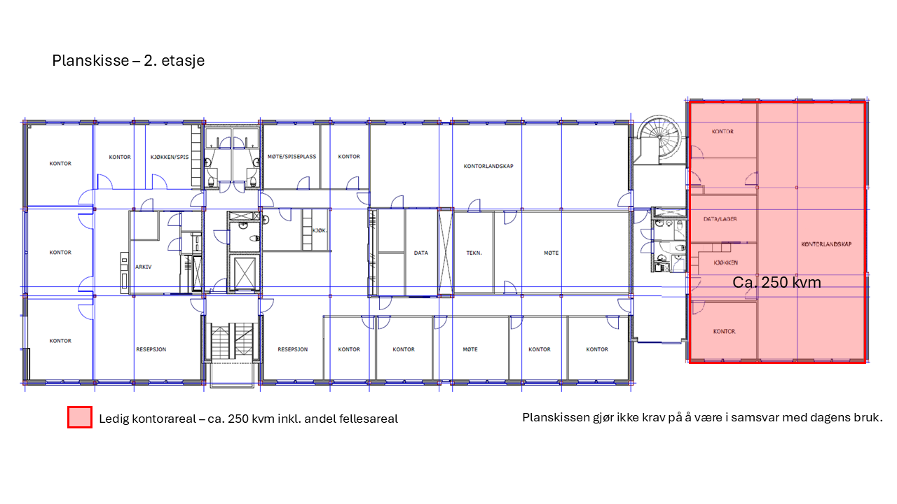 Planskisse over ledige kontorlokaler i 2. etasje, ca. 250 kvm BTA. Galleribilde