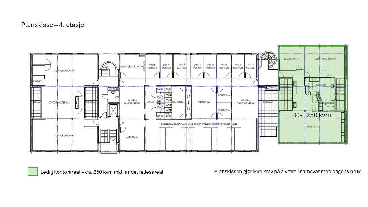 Planskisse av ledige kontorlokaler i 4 etasje på ca. 250 kvm BTA. Disse lokalene har storkjøkken/kantinefasiliteter og store møterom/ samlingsrom. Galleribilde