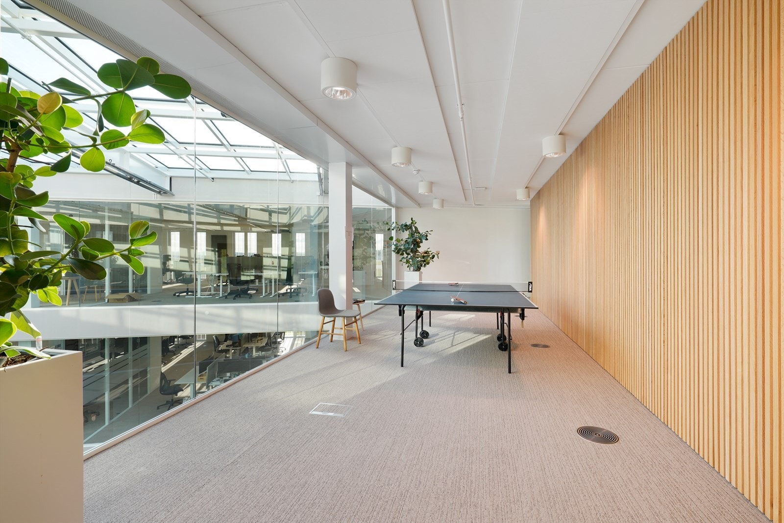 Lyst og moderne oppholdsrom med store vinduer, perfekt for sosiale aktiviteter og avslapning i et stilrent miljø. Galleribilde