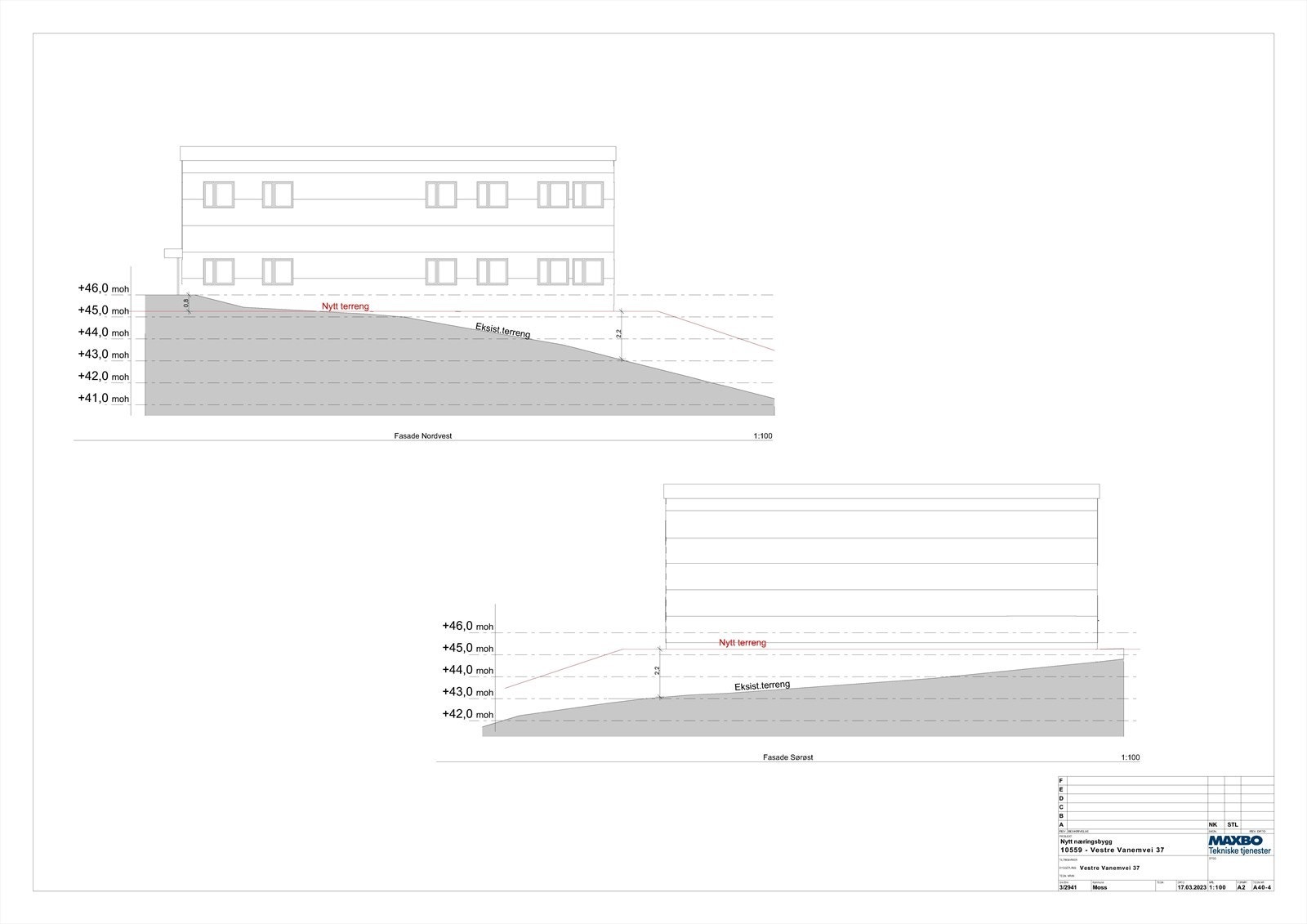 Terrengsnitt Nordvest og Sørøst prosjektert bygg Galleribilde