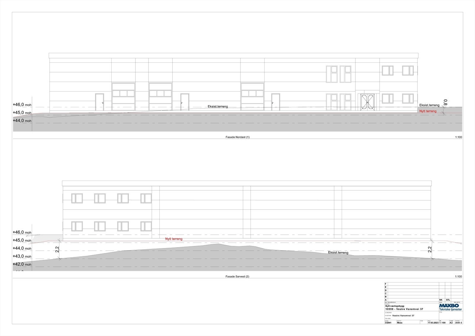 Terrengsnitt Nordøst og Sørvest prosjektert bygg Galleribilde