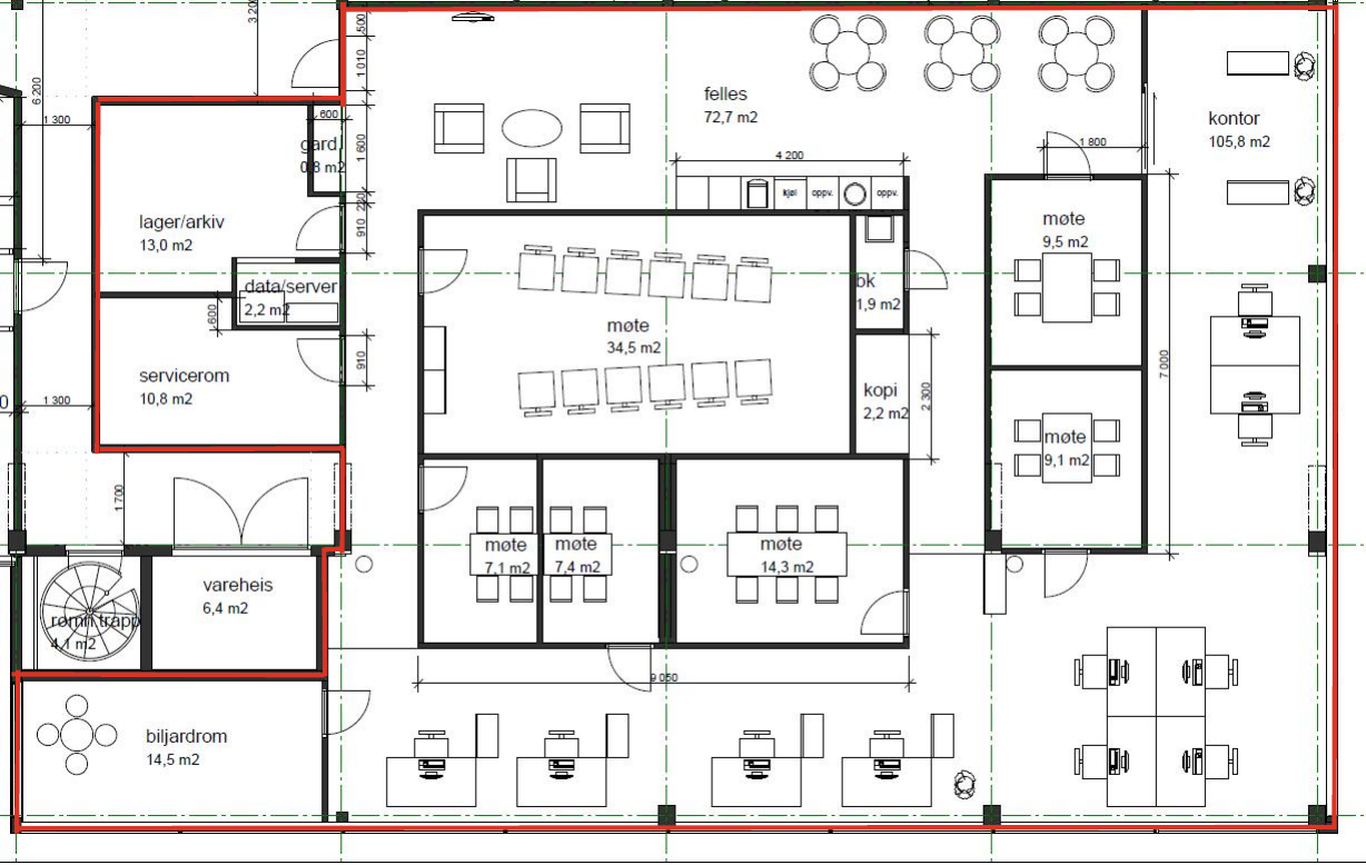 Plantegning. Arealet er markert med røde linjer i ytterkant. Galleribilde