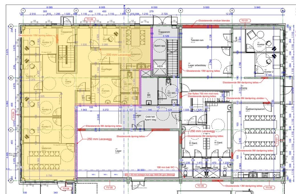 1. etasje. Ledig areal markert i gult Galleribilde