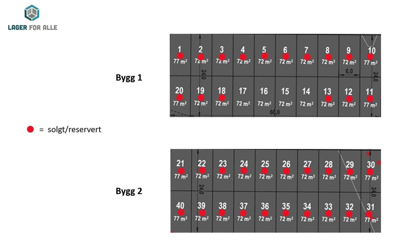 Solgte seksjoner merket med rød prikk. Pr 16/10 er det 36 solgte! Galleribilde