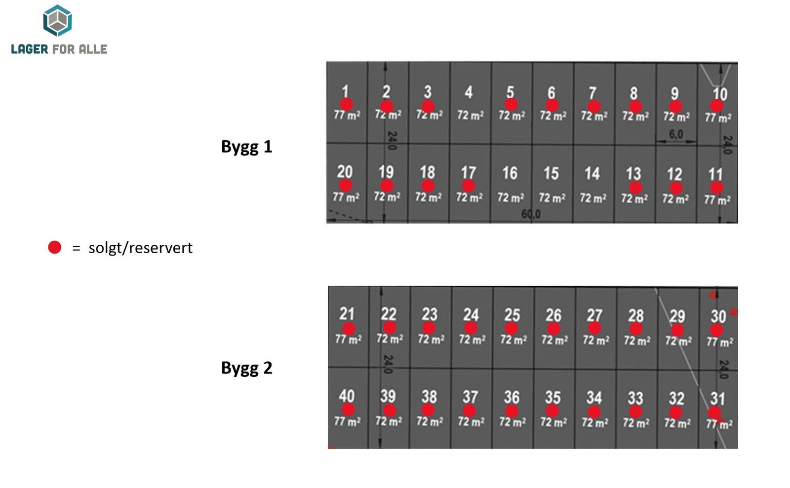 Solgte seksjoner merket med rød prikk. Pr 16/10 er det 36 solgte! Galleribilde