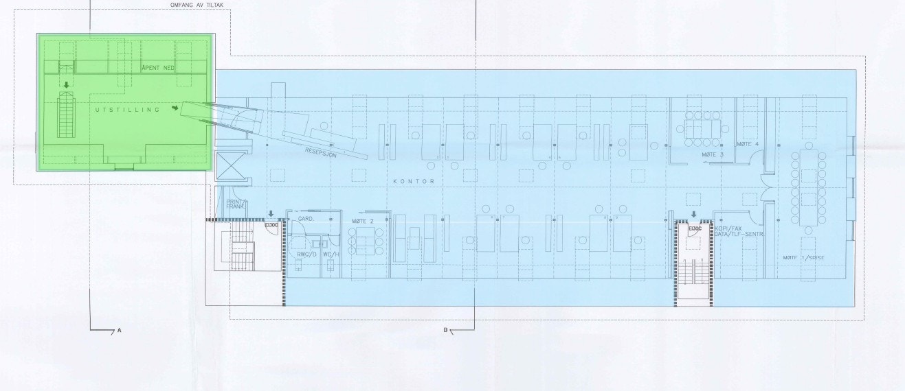 Toppetasje (BTA ca 440 kvm) + Sidebyggets 3.etg (Tot. areal sidebygg BTA ca 389 kvm). Galleribilde