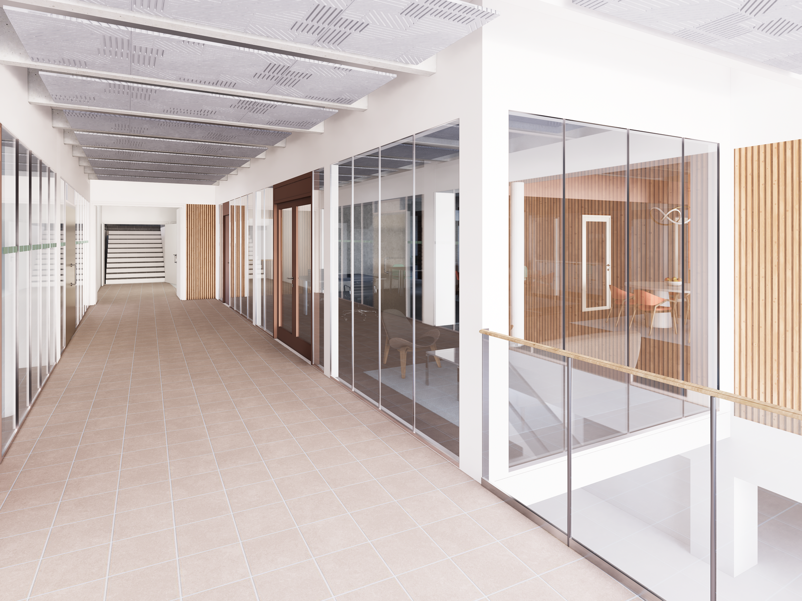 Illustrasjon av inngangsparti på bakkeplan opp mot 4 etasje i bygget. Sparebank 1 Nord-Norge vil ha lokaler på venstre hånd i dette bildet. Mulighet for å etablere både butikk eller kontor på høyre hånd. Galleribilde