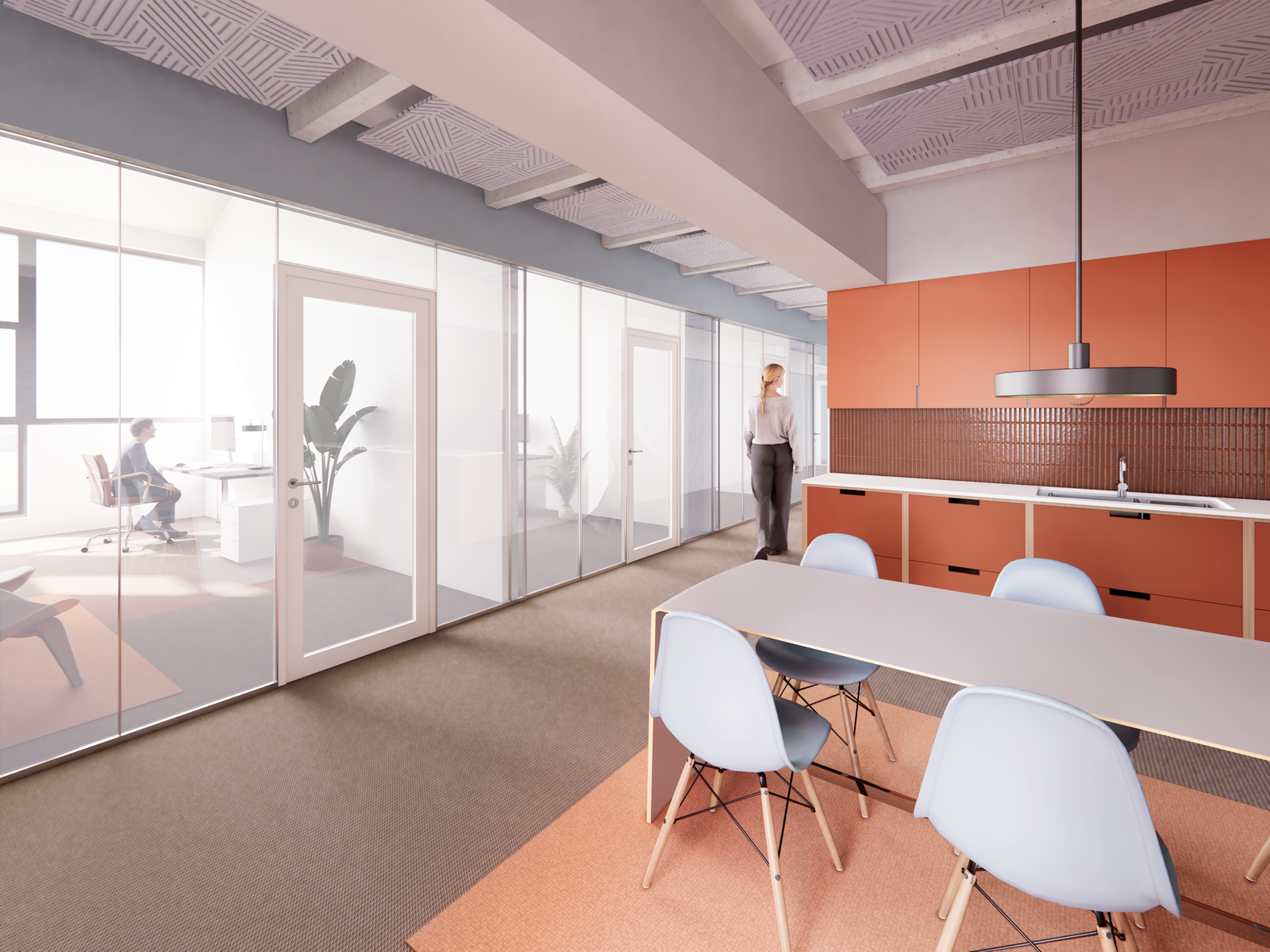 Illustrasjon av kontorfellesskap i 5 etasje. Her har man mulighet til å etablere cellekontorer om ønskelig. Egen liten spiseplass, toalett og lager. Galleribilde