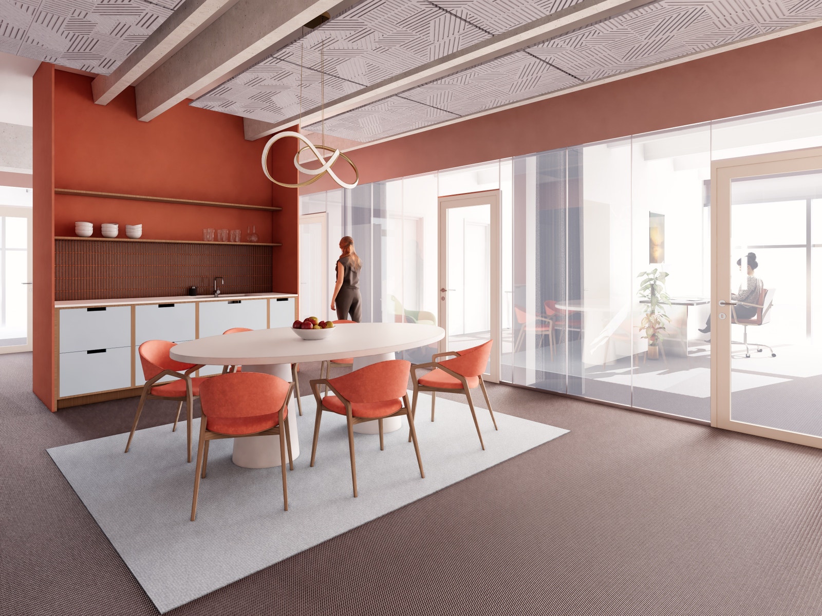 Illustrasjon av kontorfellesskap i 4 etasje. Her har man mulighet til å etablere cellekontorer om ønskelig. Egen spiseplass/sosial sone. Enkel tilgang til toalett i gang og garderober i etasjen under. Flott felles inngangsparti med Sparebank 1 Nord-Norge. Galleribilde