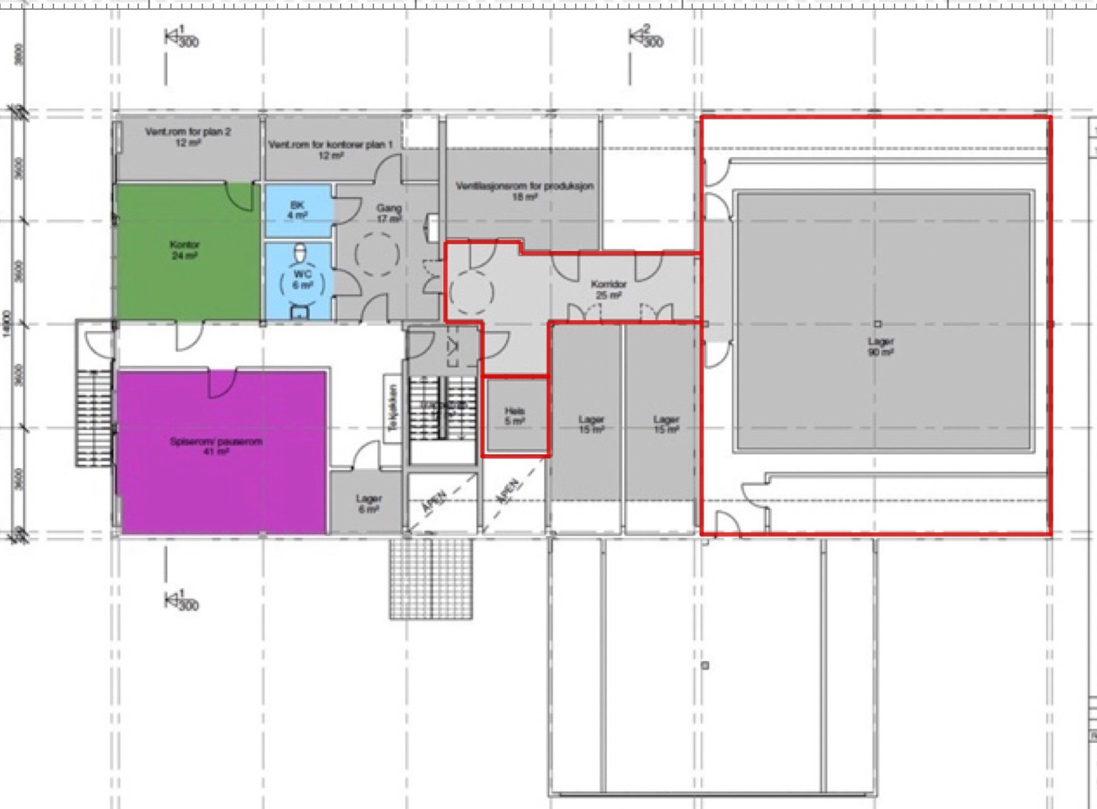 2. etasje: ledige arealer merket i rødt. Det er mulighet å frigjøre 1-2 kontorplasser ved behov. Galleribilde