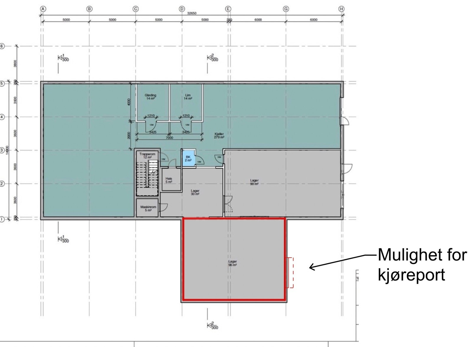 Kjeller: ledig arealer merket i rødt, ca. 100 m2. Muligheter for å sette inn kjøreport på ca. 3x3 meter. Galleribilde