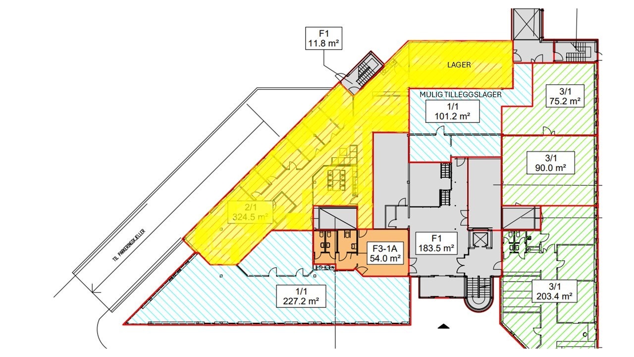 Plantegning 1.etg. Areal makert i gult er ledig for utleie Galleribilde