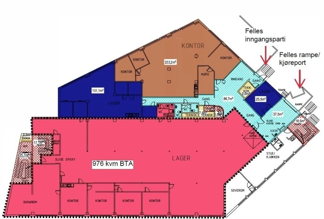 Plantegning: 976 kvm på en flate Galleribilde