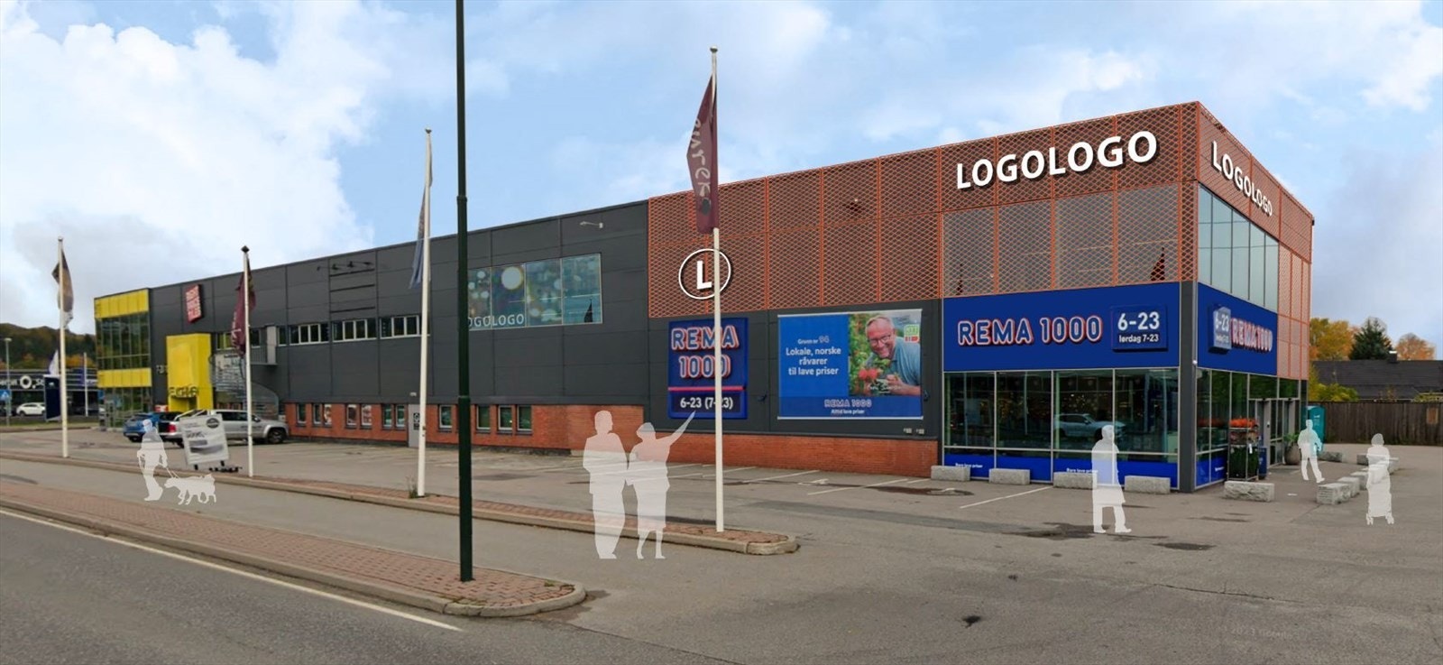 Arkitektens forslag til bedre eksponering mot hovedveien (merk glassfeltet i fasaden som trolig også kan gjøres større) Galleribilde