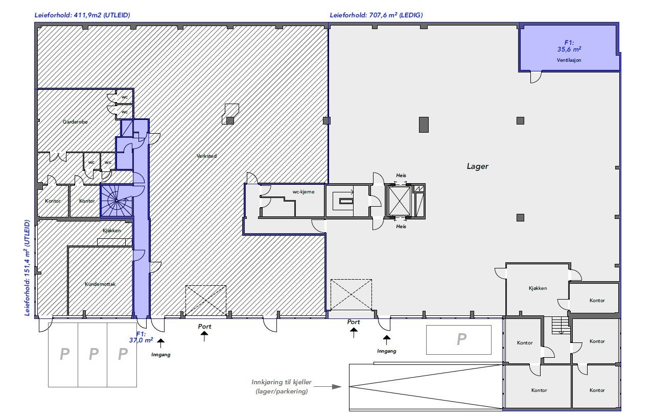 Plantegning 1.etg. (Arealet er til høyre på tegningen). Galleribilde