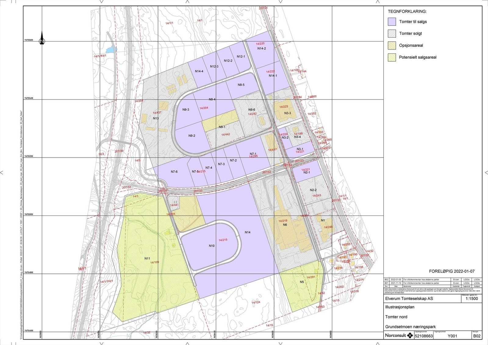 Veiledende oppdeling i tomter. Tomtestørrelser kan tilpasses etter kjøpers ønsker. Galleribilde