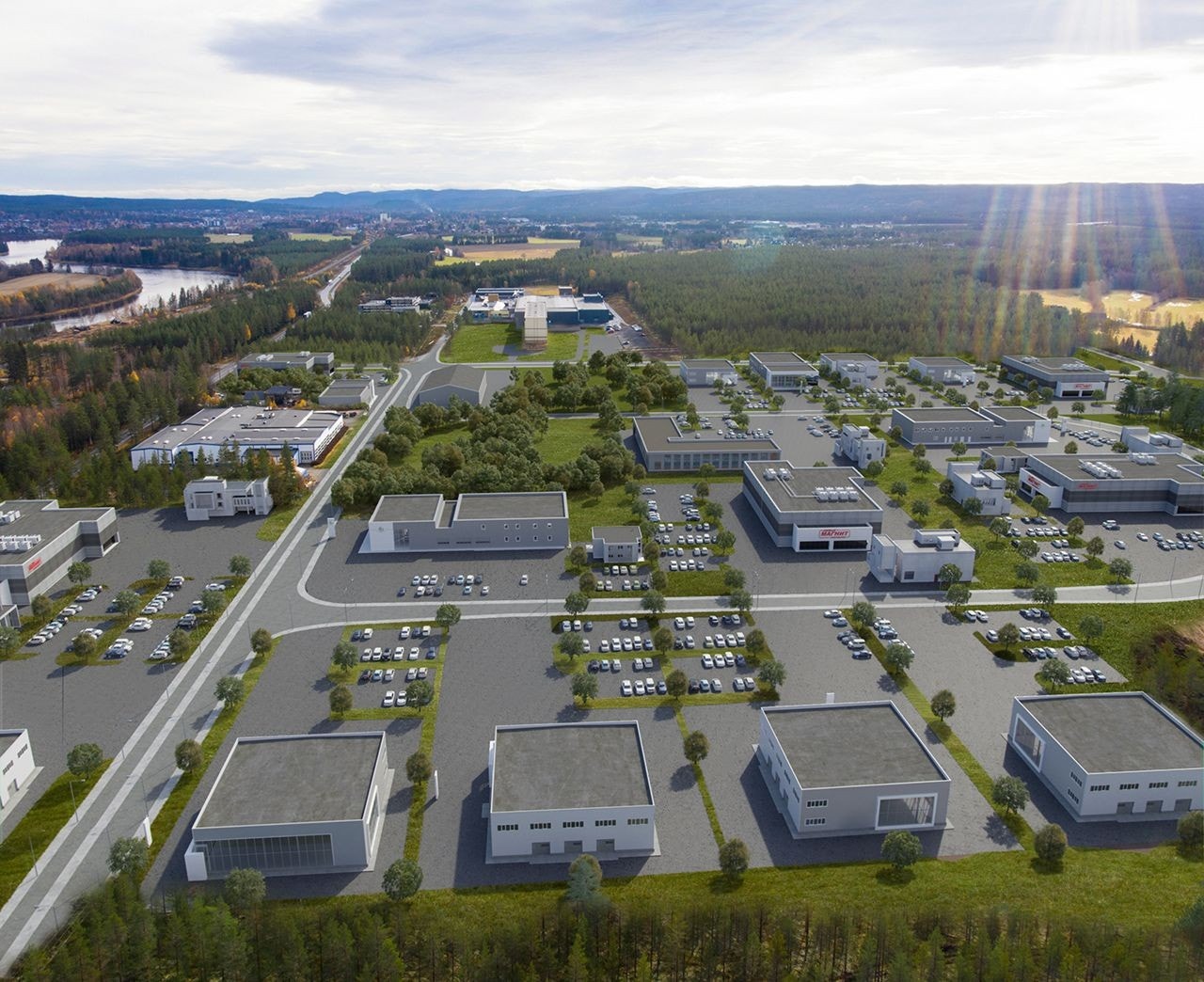 Fotomontasje med visualisering av ferdig utbygd næringspark, sett rett nordfra. "Gamle" riksveg 3 skimtes i venstre bildekant, mot Glomma. Galleribilde
