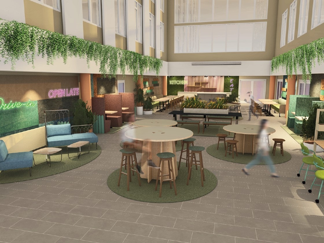 I atriet er det etablert en sosial sone med hyggelig møblering. Godt egnet for sosialisering, uformelle møter. Galleribilde