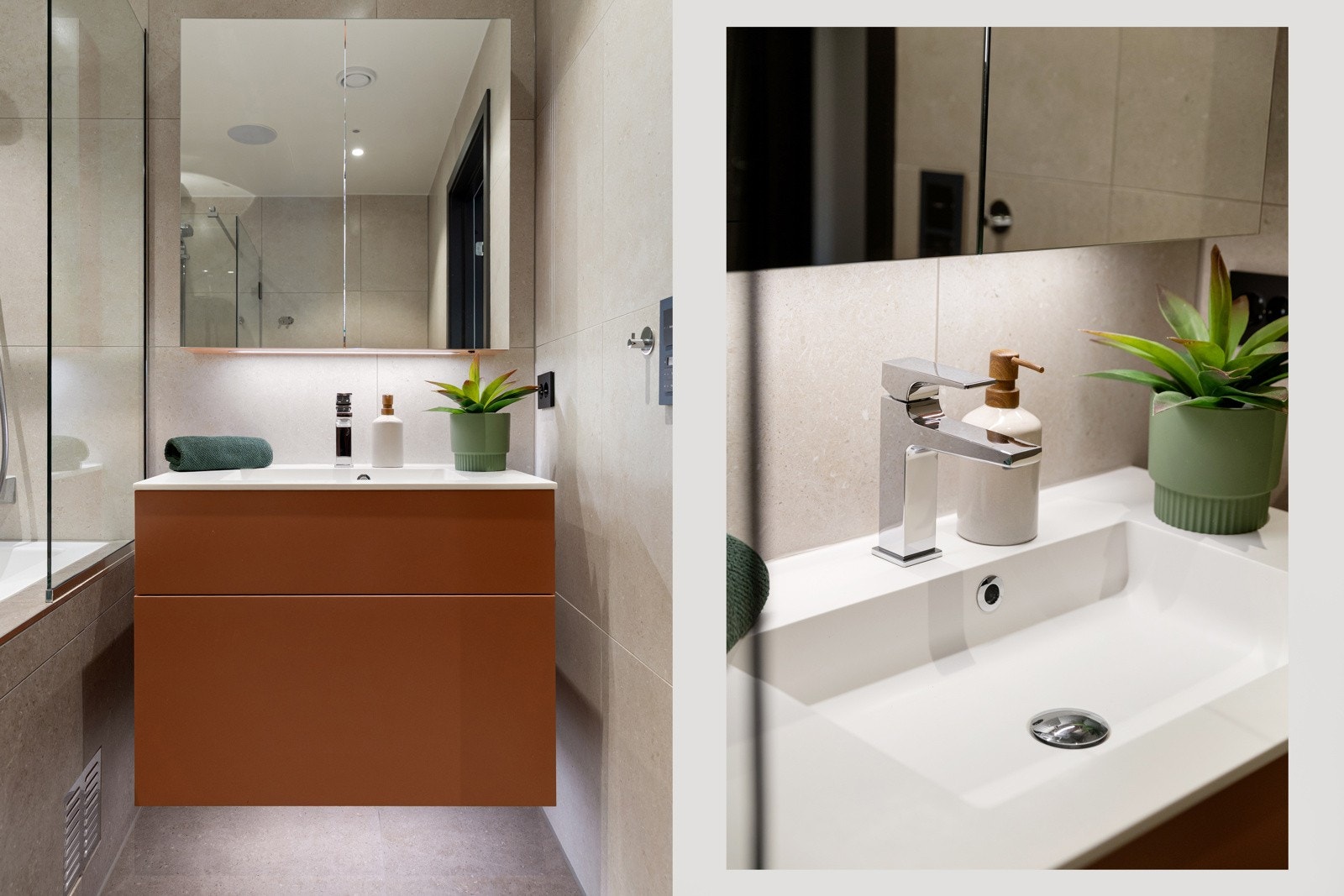 1. etasje: Baderomsinnredning fra Dansani. Lys i skuffer og speilskap. Push og Soft-close funksjon skuffene. Armatur fra Grohe. Galleribilde